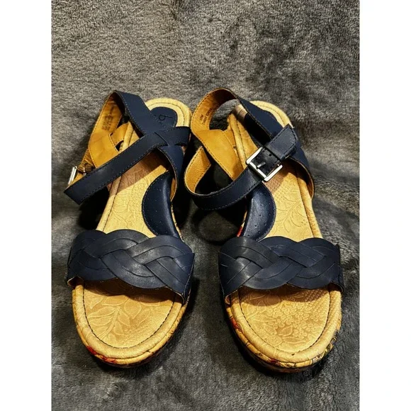 b.o.c Shoes Womens Size 10 Blue Floral Cork Wedge Sandals Comfort Strappy Summer - Picture 2 of 14